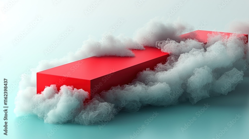Poster a red rectangular block emerging from clouds.
