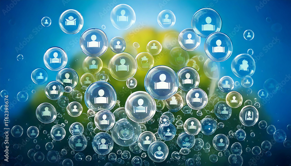 Poster stunning abstract image of user icons encased in translucent bubbles, floating against a vibrant blu