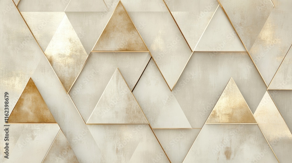Poster a minimalist design with triangular patterns in soft cream and gold, exuding modern elegance