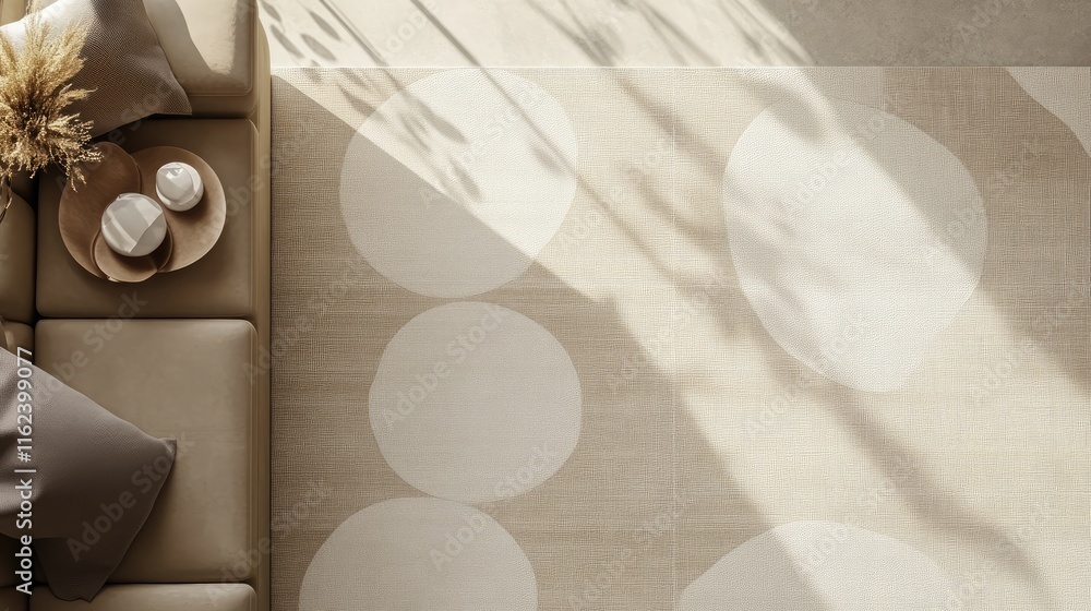 Poster a modern geometric design with subtle circular patterns in taupe and ivory hues, ideal for high-end 