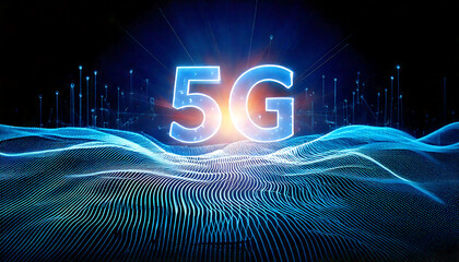 Stunning abstract image depicting 5G technology. Glowing 5G symbol rests on a dynamic, wave-like data visualization, perfect for tech, telecom, and futuristic concepts.