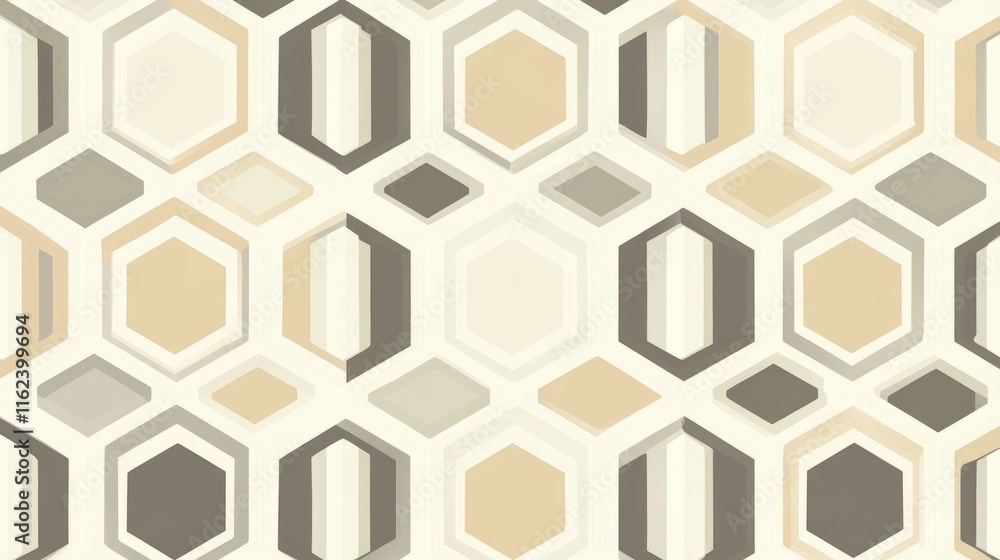 Poster a modern geometric pattern with overlapping hexagons in soft beige and cream tones