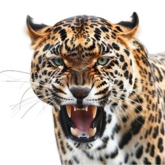 Obraz premium Leopard Portrait: A close-up portrait of a majestic leopard, its fierce eyes and open mouth revealing its predatory nature.