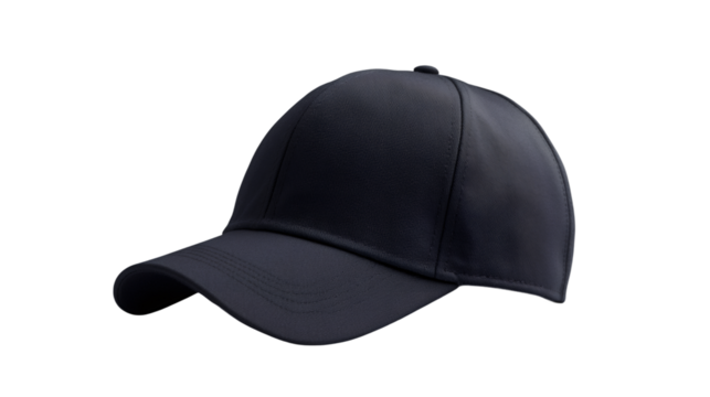 Classic black baseball cap isolated on transparent background, ideal for adding logos, designs or text