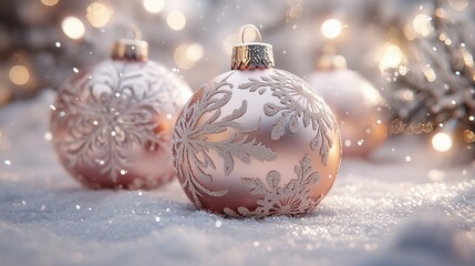 Christmas tree baubles with intricate snowflake designs winter wonderland setting