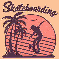A vintage-style skateboarding T-shirt design with retro colors, showcasing a skater performing a trick at sunset, enhanced with grunge textures and bold typography for a classic look.