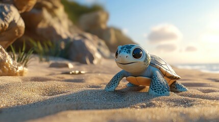 Adorable Baby Sea Turtle On Sandy Beach