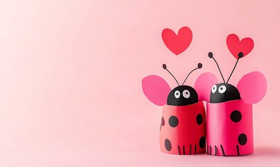 Paper toy ladybug, bee, butterfly for valentine romance party. Easy crafts for kids on pink background, copy space, die creative idea from toilet tube roll, recycle reuse eco concept