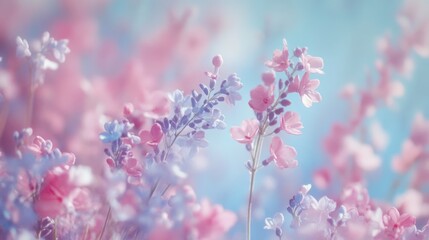 Delicate pastel flowers bloom softly in springtime