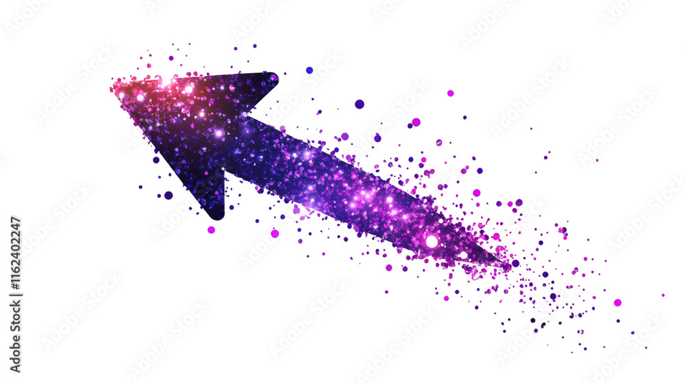 Poster Purple and pink glitter arrow pointing up and right with glitters and transparent background