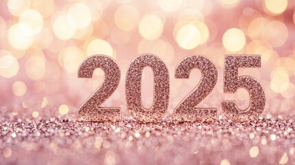 Rose Gold Glitter 2025 with Elegant Sparkling Bokeh Lights, New Year Celebration