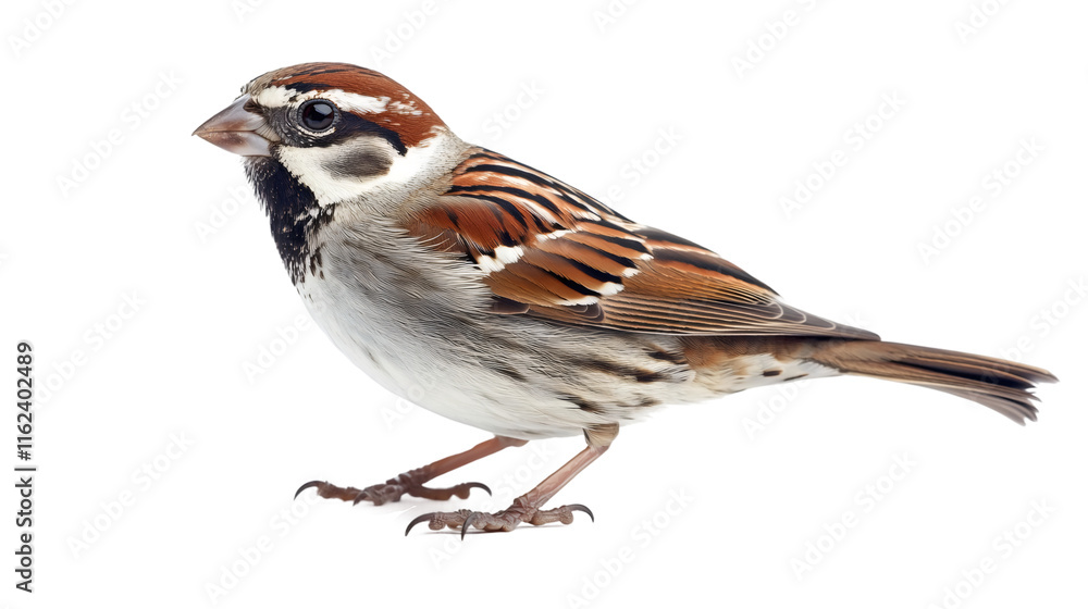 Poster profile view of a beautiful small brown and white sparrow standing on transparent background