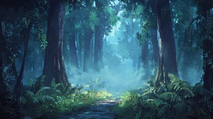Obraz premium Mystical Forest Path Through Lush Green Canopy