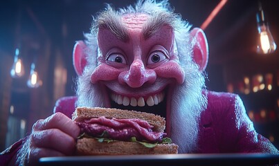 Grotesque man gleefully devouring a large sandwich in a dimly lit bar.