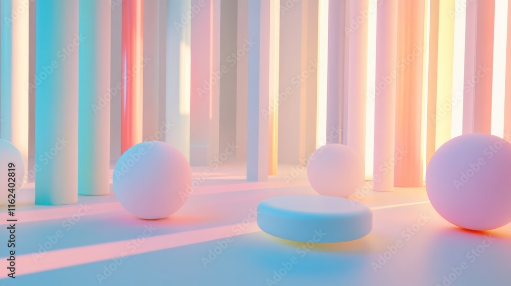 Poster abstract scene with colorful shapes and lighting.
