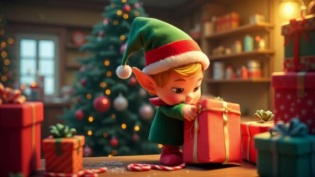 A cheerful Christmas elf standing in a festive workshop