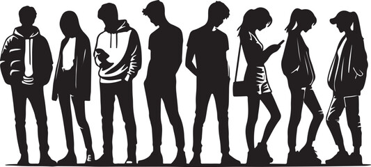 black Silhouette vector illustrator of Casual People seperate in a Row with white background
