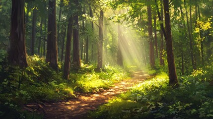 Obraz premium Sunlit Forest Path A Serene Woodland Scene