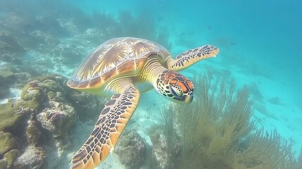 Obraz premium Hawksbill sea turtle swimming in vibrant coral reef.