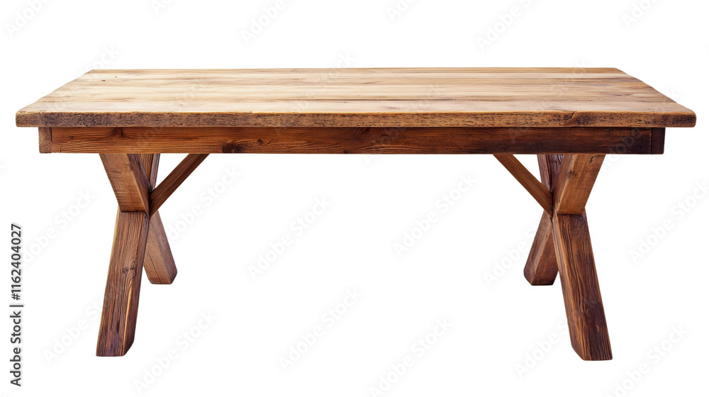 Poster Rustic wooden table with crossed legs isolated on transparent background, ideal for displaying products or creating composite images