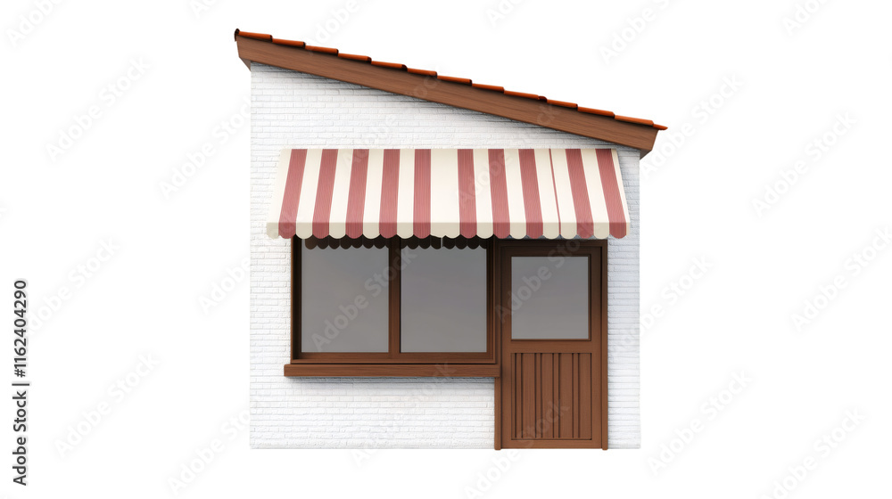 Poster 3d rendering of a small shop with red and white striped awning, wooden door and window, and transpar