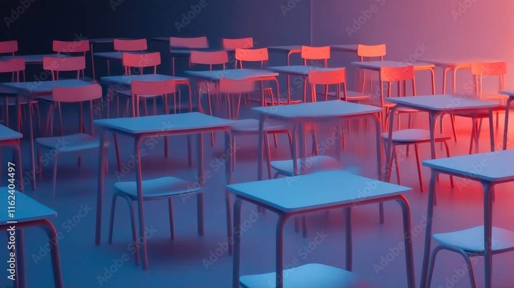 Poster empty classroom with colorful lighting effects.