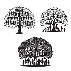 Fototapeta premium set of black vector family tree silhouette with interconnected branches and roots