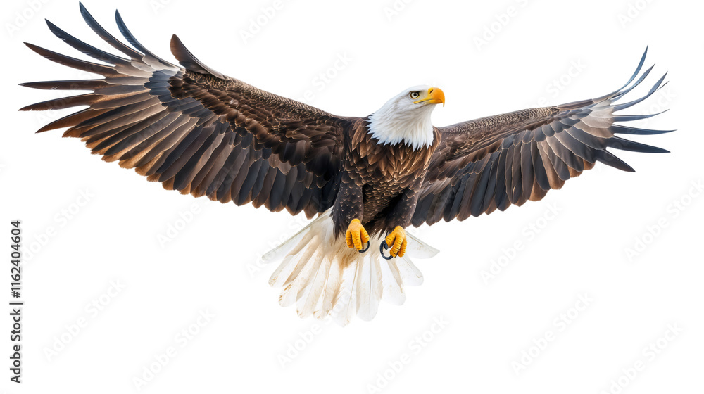 Poster powerful eagle gliding with outstretched wings, revealing razor-sharp talons against transparent bac