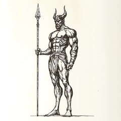 Obraz premium A muscular, horned figure stands proudly holding a spear, a dramatic black and white illustration.