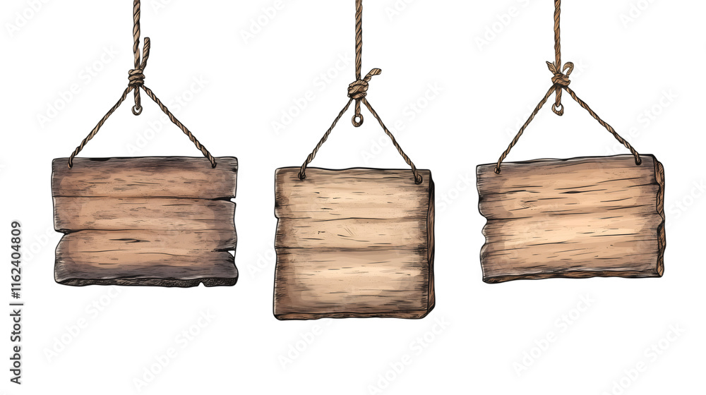 Aufkleber Set of empty wooden signboards hanging from ropes on transparent background, perfect for adding custom text or graphics