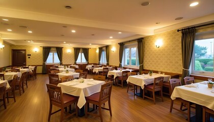 spacious restaurant with wooden tables and chairs, cream-colored walls, and large windows providing natural light and curtains and soft lighting enhance the inviting atmosphere