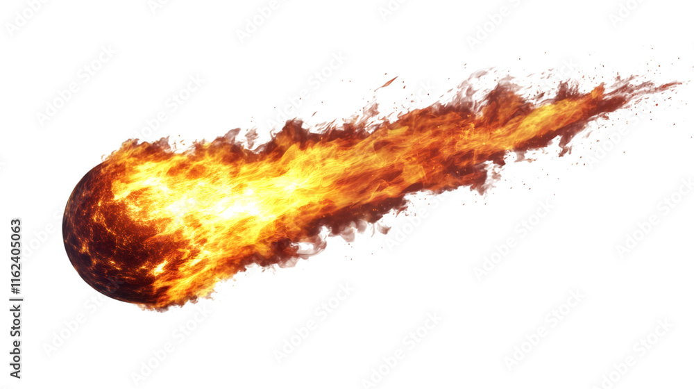 Poster Realistic depiction of a burning meteor streaking through space, featuring a transparent background that highlights its fiery trail