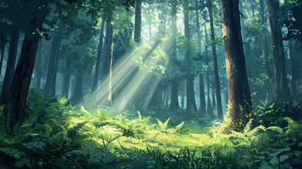 Obraz premium Sunbeams Illuminate Lush Green Forest Canopy