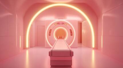 Futuristic medical imaging room with neon lights.