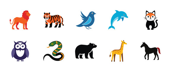 Editable Animals Icons Set. Colorful Vector illustration including Giraffe, Owl, Rabbit, Fish, Horse, Dolphin, Lion, Tiger, Bird, Elephant