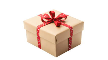 Obraz premium Gift box wrapped in rustic brown paper, adorned with vibrant red ribbon, highlighting celebratory holiday packaging on clear background