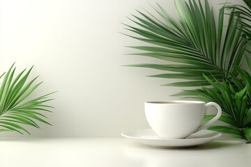 A serene composition featuring a white cup on a saucer surrounded by lush green leaves.