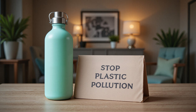 Reusable water bottle beside stop plastic pollution sign - Powered by Adobe