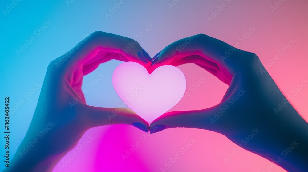Poster hands forming a heart shape with soft lighting.