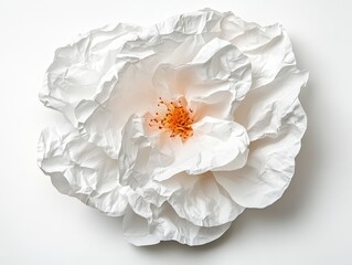 A large, crumpled white flower with orange details, showcasing artistic paper craftsmanship.