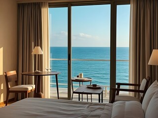 Fototapeta premium luxury hotel room with ocean landscape background