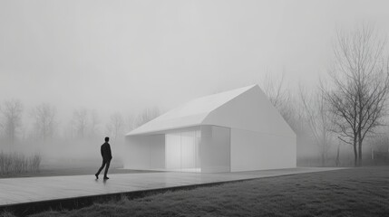 Minimalist house in foggy landscape