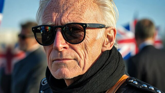 Older man in sunglasses with a distinguished look and British flags in the background at a public gathering