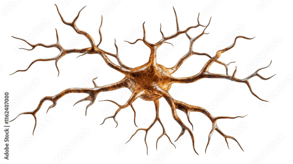Poster 3d rendering of a neuron connecting axons and dendrites on a transparent background, ideal for medical and scientific projects