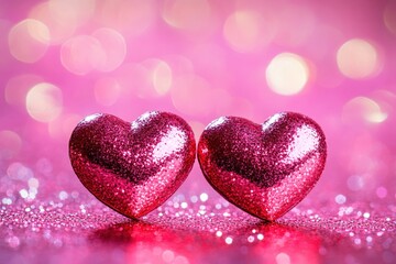 Fototapeta premium Sparkling Pink Hearts on Glittery Background for Romantic Celebrations
