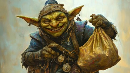 A mischievous goblin displays a bag of treasures