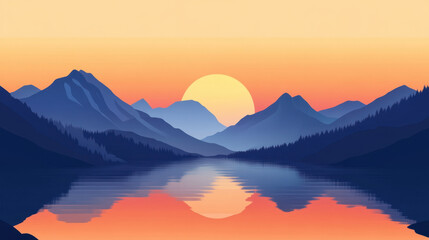 Obraz premium Serene sunset over tranquil mountain lake scene.
