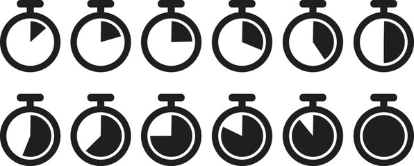  Set of Digital Timer and stopwatch icon. Time clock. Chronometer stopping hour, minute, second symbols. speed countdown and intervals, alarm set. Circle deadline. Vector illustration