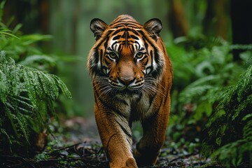 Majestic tiger walking towards the camera in a lush green forest.