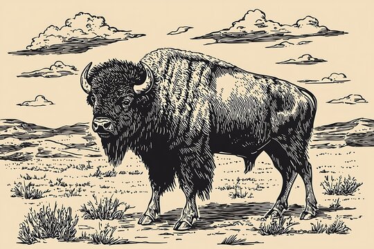 Hand-drawn illustration of a majestic American bison standing in a prairie landscape under a cloudy sky.